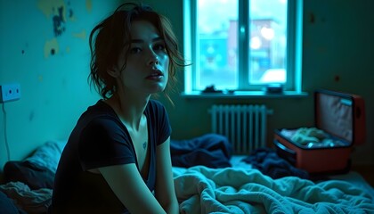 Woman in moody room with suitcase