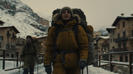 Fototapeta premium Adventurous Hikers Trekking Through Snowy Mountain Village Landscape