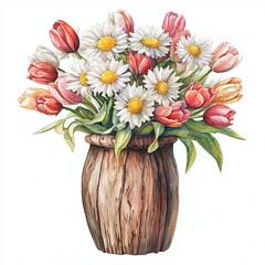 Obraz premium Watercolor illustration of a bouquet of daisies and tulips arranged in a rustic wooden vase