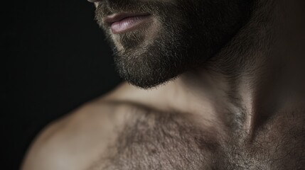 Obraz premium Close-up of a man's face, with a beard and chest hair, against a dark background.