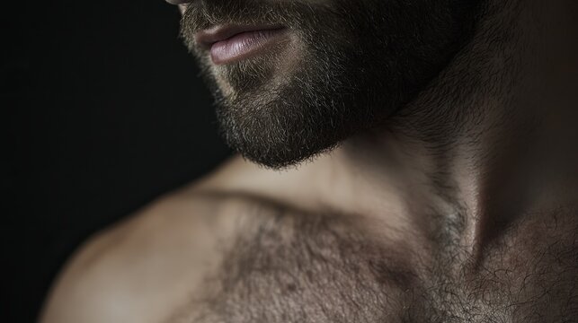 Close-up of a man's face, with a beard and chest hair, against a dark background.