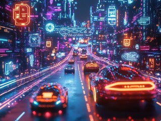 Obraz premium Futuristic cityscape with neon-lit streets and advanced vehicles.