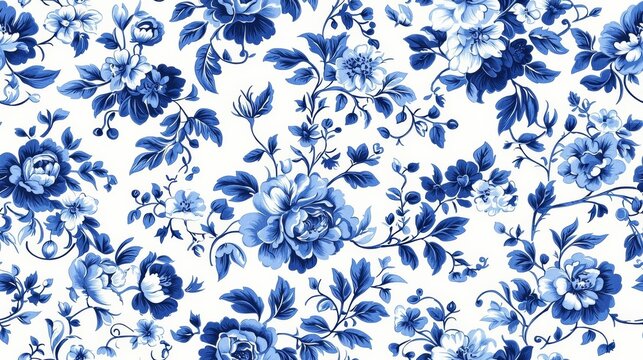 hyper realistic photo of  A delicate floral pattern featuring blue blossoms and green leaves on a white background, evoking a fresh and serene aesthetic