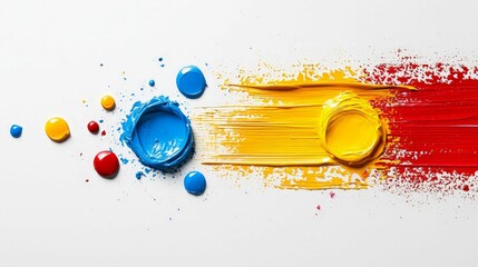 background concept. Vibrant paint splashes in blue, yellow, and red create a dynamic artistic effect.