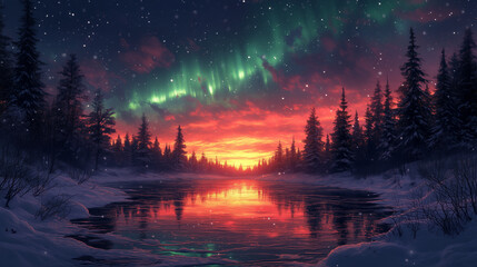 Naklejka premium Stunning winter landscape with a vibrant sunset reflecting on a calm river, surrounded by snow-covered trees under a starry sky with glowing Northern Lights, evoking peaceful holiday charm