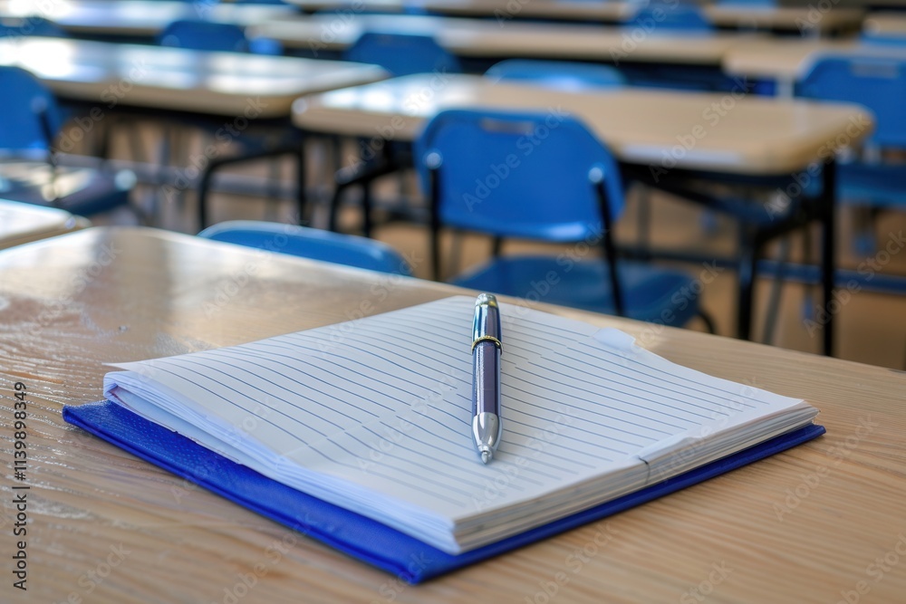 Leinwandbilder notebook and pen resting on a desk in a modern classroom filled with bright orange chairs during a s