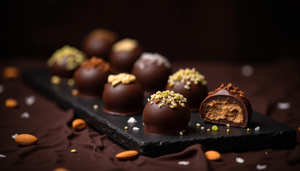 Artisan chocolate bonbons with various toppings arranged on a slate plate with a dark background