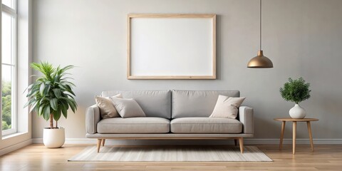 Minimalist blank poster frame mockup hanging in a modern sofa interior , mockup, blank, poster, frame, minimalist, sofa