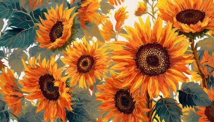 Bold orange and yellow sunflowers in an abstract pattern