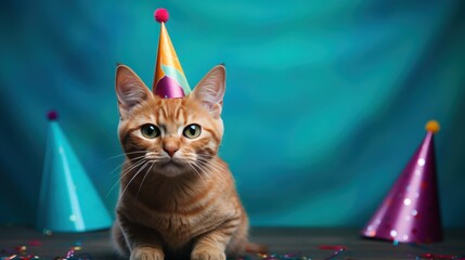 Big party with British short hair cat wearing a party hat. Funny cat in a cap celebrates birthday, on blue background. Looking straight to camera. Let's party. Happy birthday.