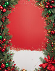 Merry Christmas and Happy New Year Greeting Card with Decorations red background, Text space