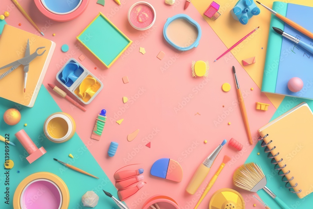 Poster colorful educational materials and creative tools scattered on a vibrant workspace for artistic proj