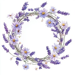 Obraz premium Watercolor illustration of a lavender wreath with small daisies interwoven, creating a soft and elegant design