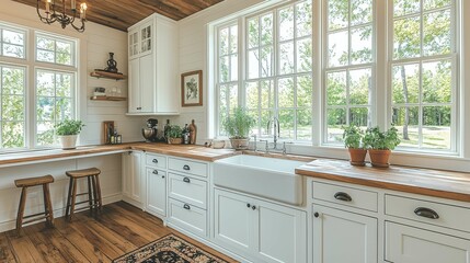 This cozy kitchen showcases a blend of rustic design and natural materials, featuring wooden countertops and plenty of plants for a vibrant atmosphere.
