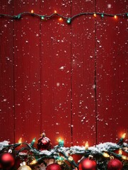 Vibrant Christmas Decoration with Red Wooden Background, Bright Ornaments, and Twinkling Lights Creating a Festive Winter Wonderland Atmosphere