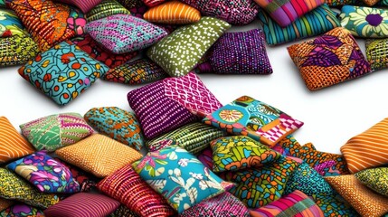 hyper realistic photo of  Vibrant scraps of colorful stitched fabric pieces arranged in abstract composition, showcasing texture and pattern, against a clean white background with