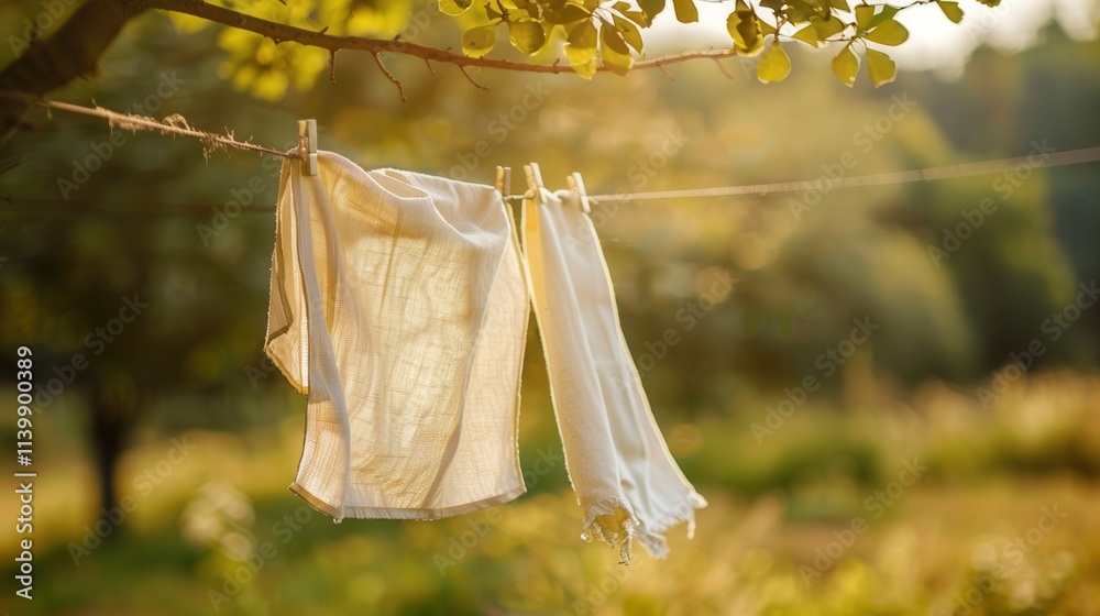Poster freshly washed linen drying gently on a clothesline in a serene outdoor setting during golden hour. 