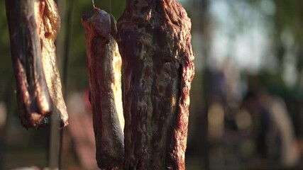 Several cuts of seasoned meat hang outdoors, ready for grilling over a barbecue, slow motion, ultra close up, with out of focus background