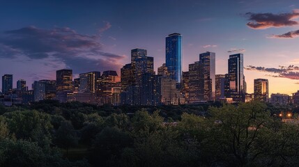 Obraz premium Houston Skyline at Dusk: A Panoramic View of Texas's Vibrant Metropolis