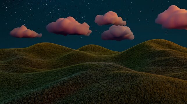Dreamy night sky with fluffy clouds over rolling green hills.