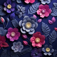 Paper cut floral composition. Flower paper craft style. Mother's day. Women's day. Botanical 8 March. Happy holidays, Greetings, Invitation banner. Pink, blue, purple colors.