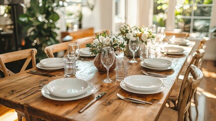 A beautiful dining room featuring a rustic wooden table set for a meal with white plates and floral centerpieces, capturing a cozy atmosphere.