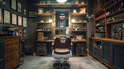 Vintage-style barbershop interior featuring a classic barber chair, wooden shelves stocked with grooming products, and wall art, Ideal for marketing, interior design, and hairstyle showcases,