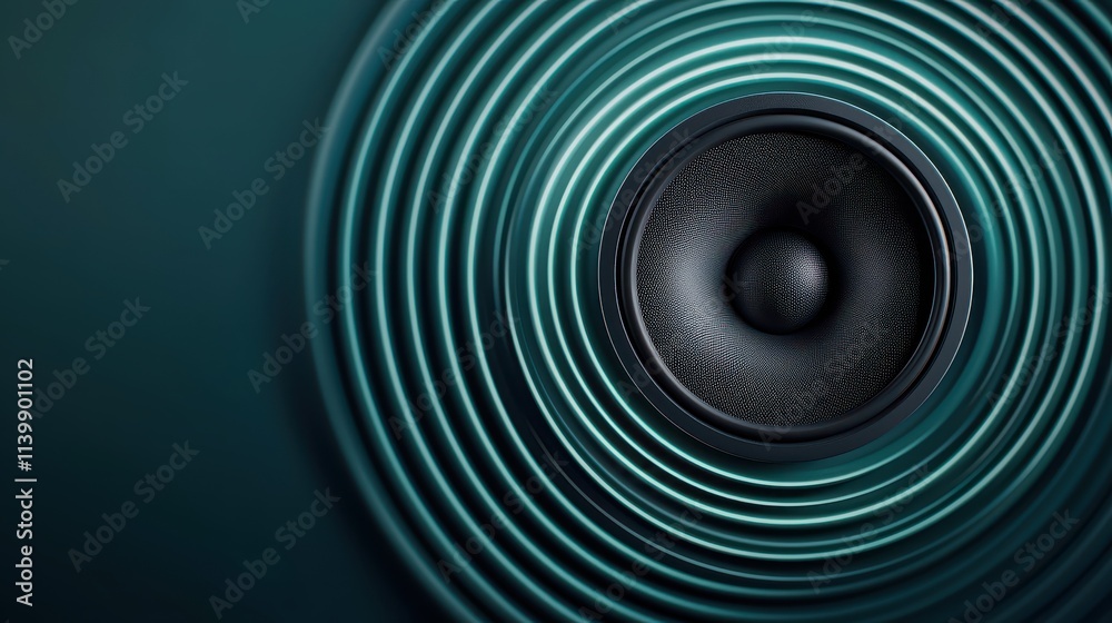Poster sound loud 3d rendering concept, speaker surrounded by concentric rings of light creating a captivat