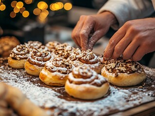 Freshly baked cinnamon rolls dusted with powdered sugar.