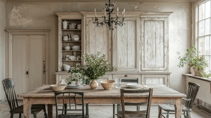 A rustic French farmhouse dining room featuring a distressed wooden table and vintage decor, adorned with elegant plates and fresh flowers.