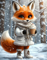 A Cute and Charming Fox Character with coffee in the snowy forest in winter