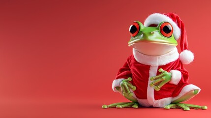 Fototapeta premium A festive frog wearing a Santa hat and red coat, set against a bright red background, exuding holiday cheer.