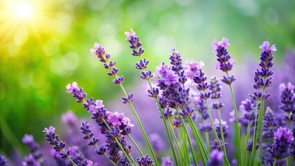 Obraz premium Lilac lavender flowers on a blurred green background, lavender, lilac, flowers, nature, garden, plant, bloom, petals, fragrance