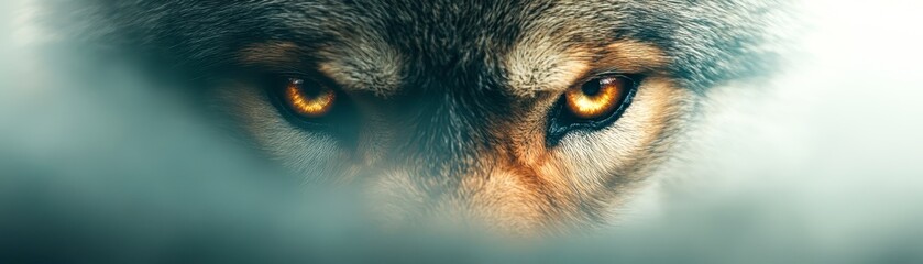 A close-up of a wolf's piercing eyes, showcasing its intense gaze and detailed fur texture, This image can be used for wildlife conservation, nature articles, or animal behavior studies,