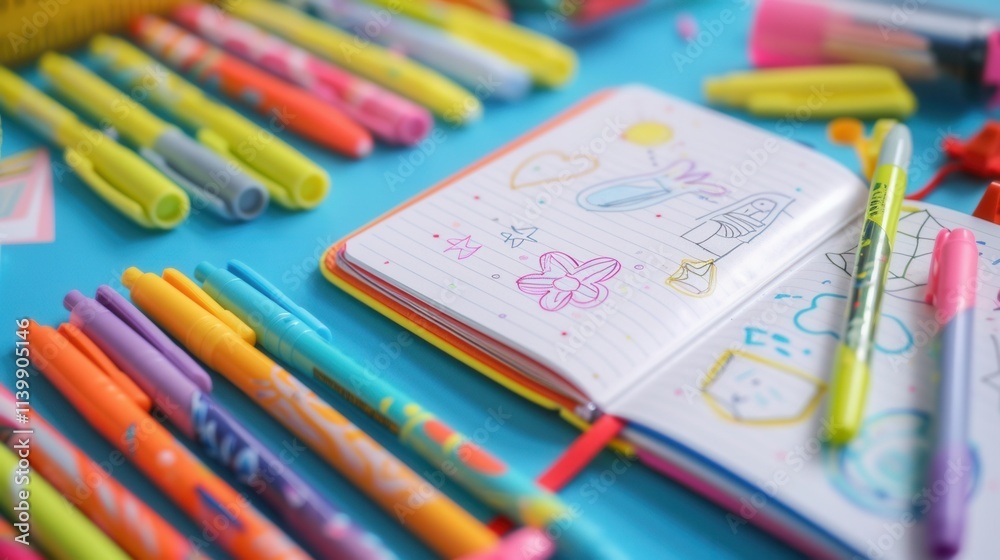 Fototapete creative drawing activity with colorful markers and a notebook on a blue table. generative ai