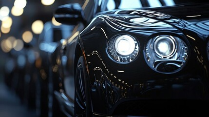 Black luxury cars lined up on city street, showcasing premium transportation, car rental, and business class shuttle services concepts.