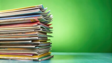 Stack of colorful magazines on green background, magazines, stack, colorful, green, background, reading, publications