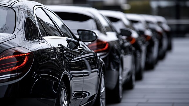 Black luxury cars lined up on city street, showcasing premium transportation, car rental, and business class shuttle services concepts.