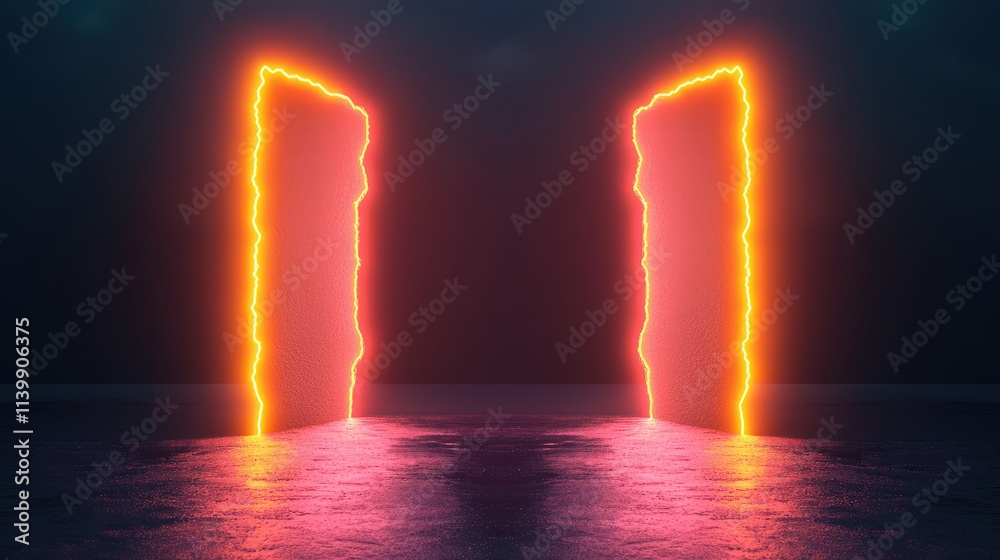 Poster sound loud 3d rendering concept, abstract visualization of jagged neon structures representing loud 