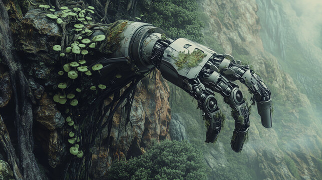 Bras robotique g&eacute;ant abandonn&eacute;, recouvert de mousse et de champignons, int&eacute;gr&eacute; dans une paroi rocheuse