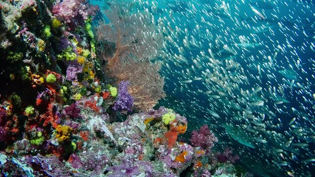 Lock shot of Richelieu Rock reef. Lots of Golden Glassy Sweepers (Parapricantus Ransonneti) in front of a Gorgonian Sea Fan, with Longnose Emperors (Lethrinus olivaceus) and Jacks (Carangidae) behind