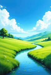 Idyllic River Valley Landscape: Lush Green Fields and Blue Sky
