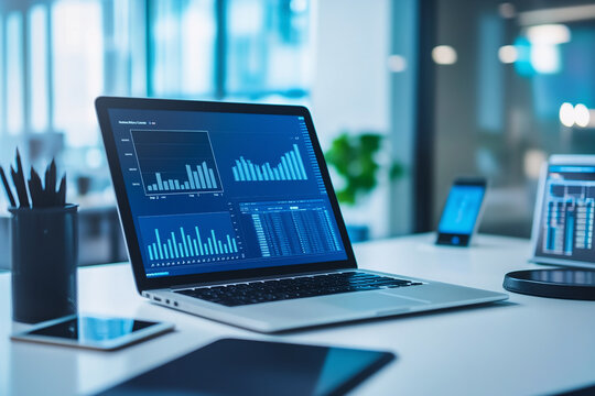 Machine learning-focused workstation, clean desk with a high-performance laptop connected to an external GPU, screens showing data charts - Powered by Adobe
