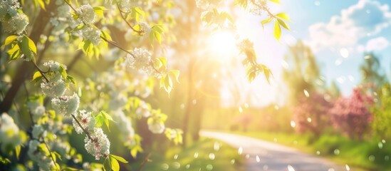 Obraz premium serene pathway illuminated by sunlight, surrounded by blooming flowers and lush greenery, creating a peaceful springtime atmosphere.