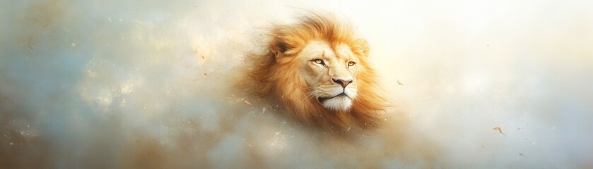 Fototapeta premium A majestic lion's head emerges from a soft, ethereal background, symbolizing strength and power, This image is ideal for wildlife conservation themes, motivational content, and artistic displays,
