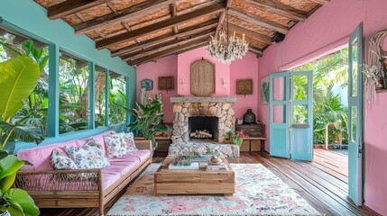 A vibrant living room showcases a cozy pink and turquoise design with natural elements, featuring a stone fireplace and lush indoor plants.