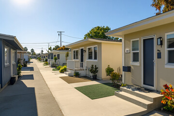 Urban affordable housing, compact multi-story building with a modern facade, small balconies, and a paved courtyard