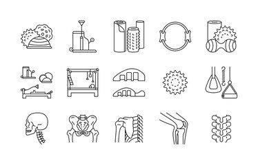 Pilates, line icons. Workout equipment for training - mat, foam roller, pilates ring and chain, balls. Bones and joints also - skull, knee, pelvic, spine. Linear illustration editable strokes.