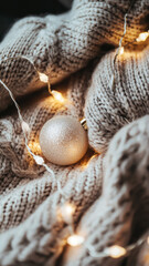 Close-up of grey knitted sweater, yarn, warm garlands, christmas balls, lights, bokeh. Cozy winter vibes. Festive mockup for lifestyle, hygge-inspired designs. Generative ai