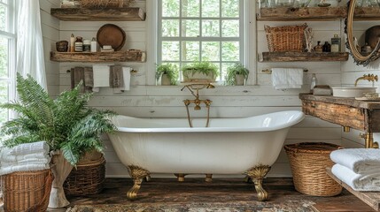 A beautiful rustic bathroom featuring a vintage bathtub and wooden shelves decorated with plants. The space has a cozy, natural appeal with soft decor elements.